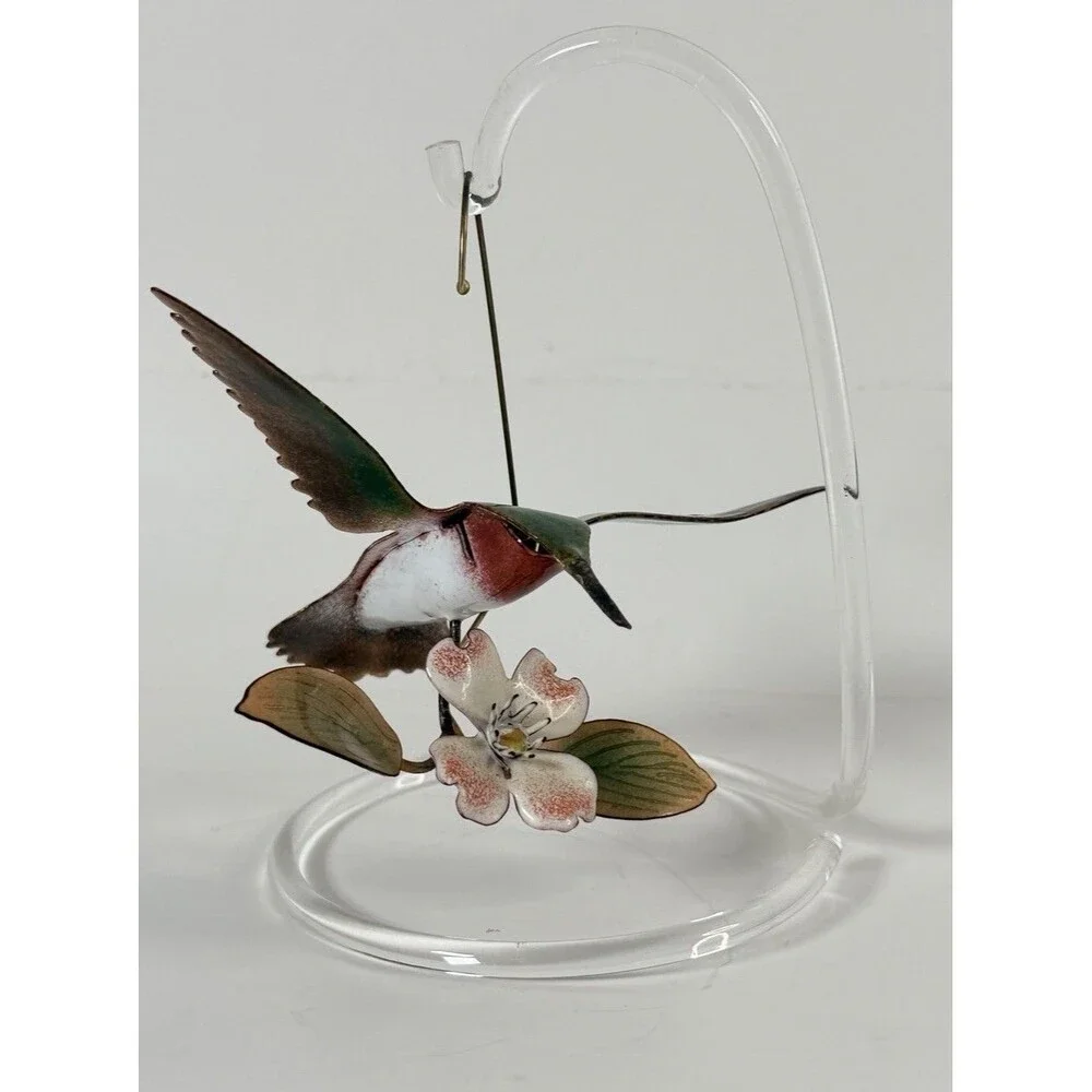 Bovano of Cheshire Enameled Copper Hummingbird &Dogwood Sculpture Lucite Stand